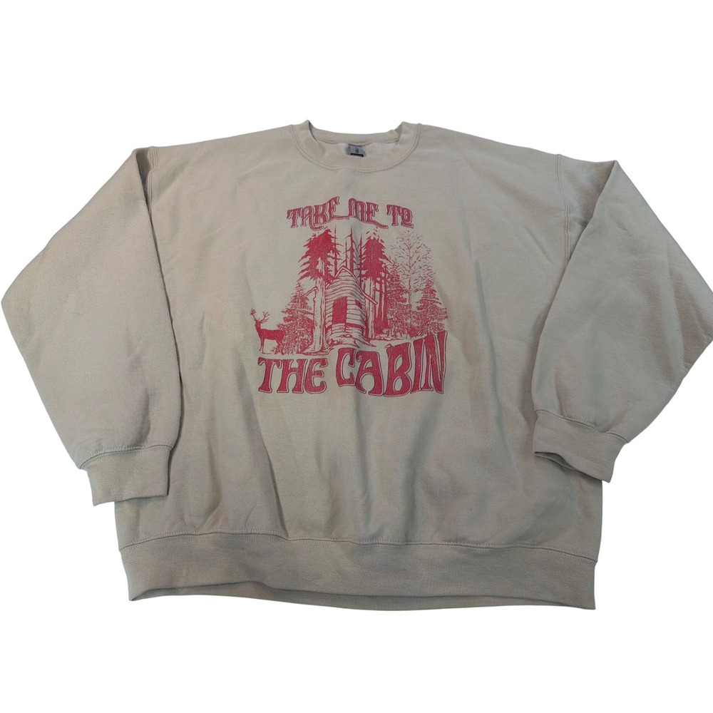 Gildan Sweatshirt Tan Take Me To The Cabin‎ Graphic Distressed Pullover XL Mens
